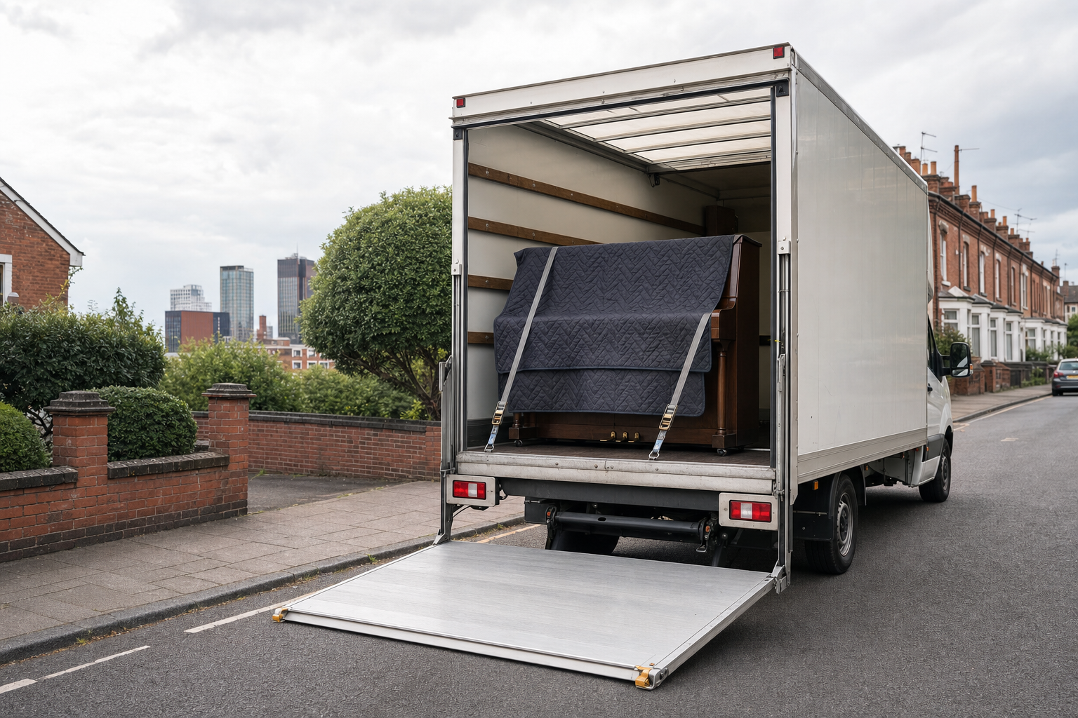 A removal van parked on a residential street with an upright piano secured inside and a ramp lowered to the road.