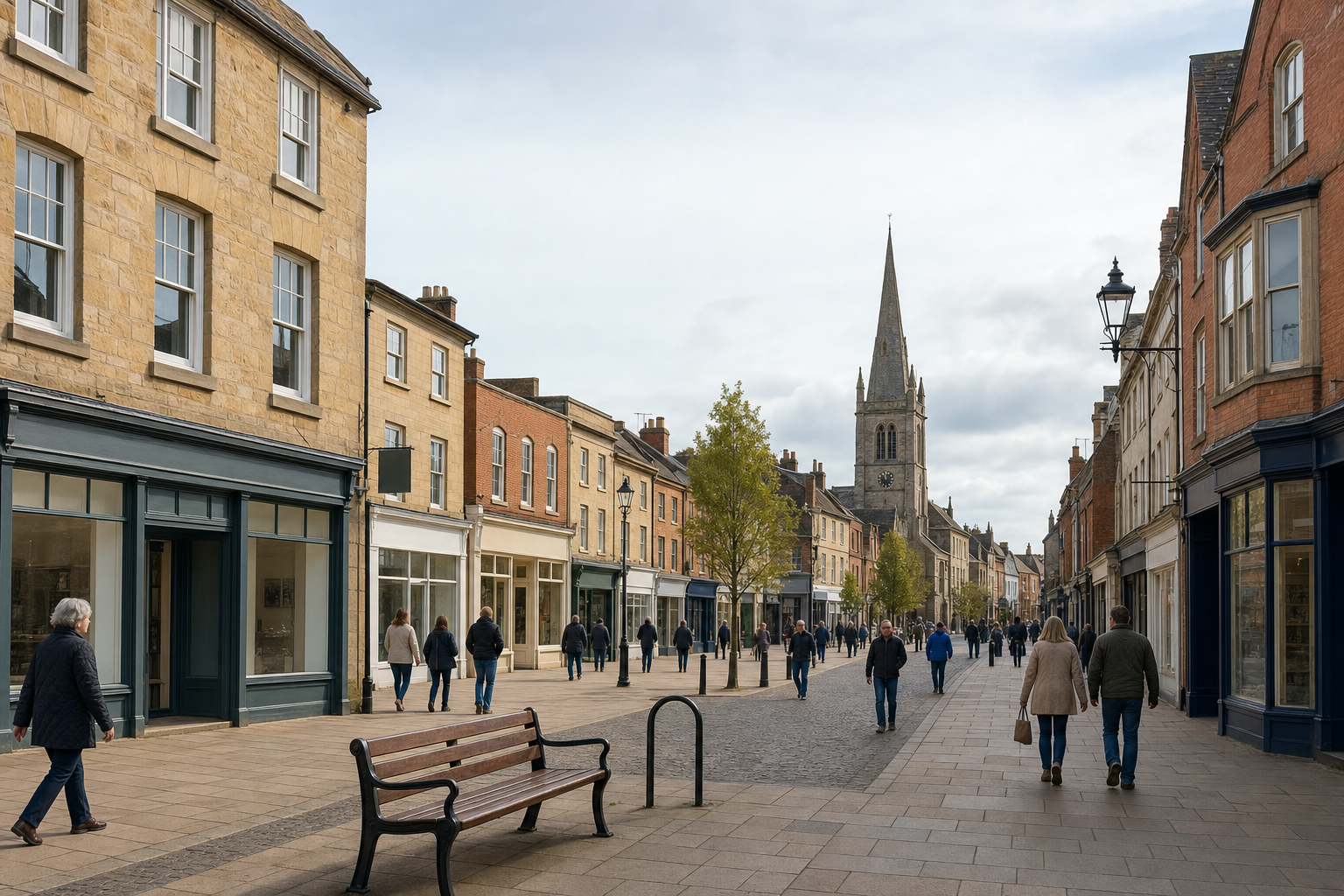 A pedestrian street in a historic town with people walking and a church tower in the background.