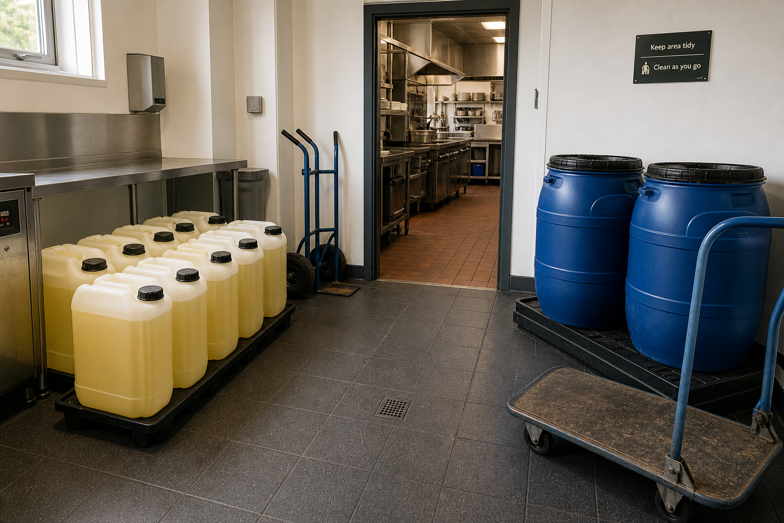 Industrial kitchen with large blue and yellow containers, trolleys, and a view into the cooking area.