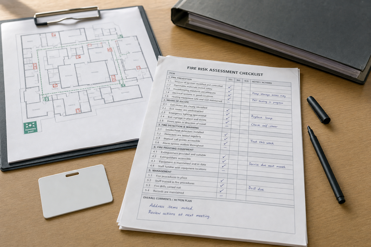 Fire risk assessment checklist and floor plan on a desk alongside a pen, marker, and binder.