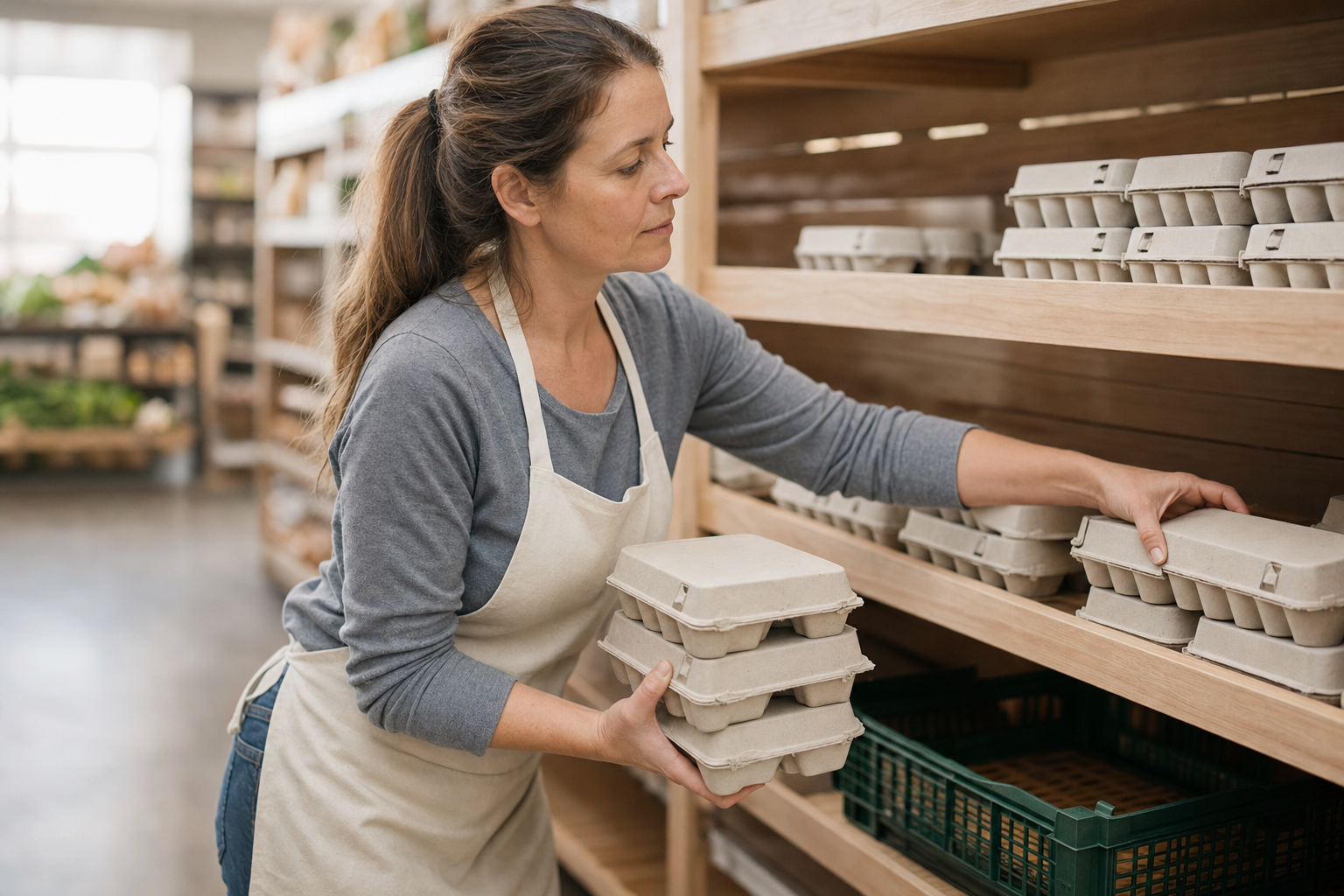 A woman in an apron arranges cartons of eggs on wooden shelves in a shop.