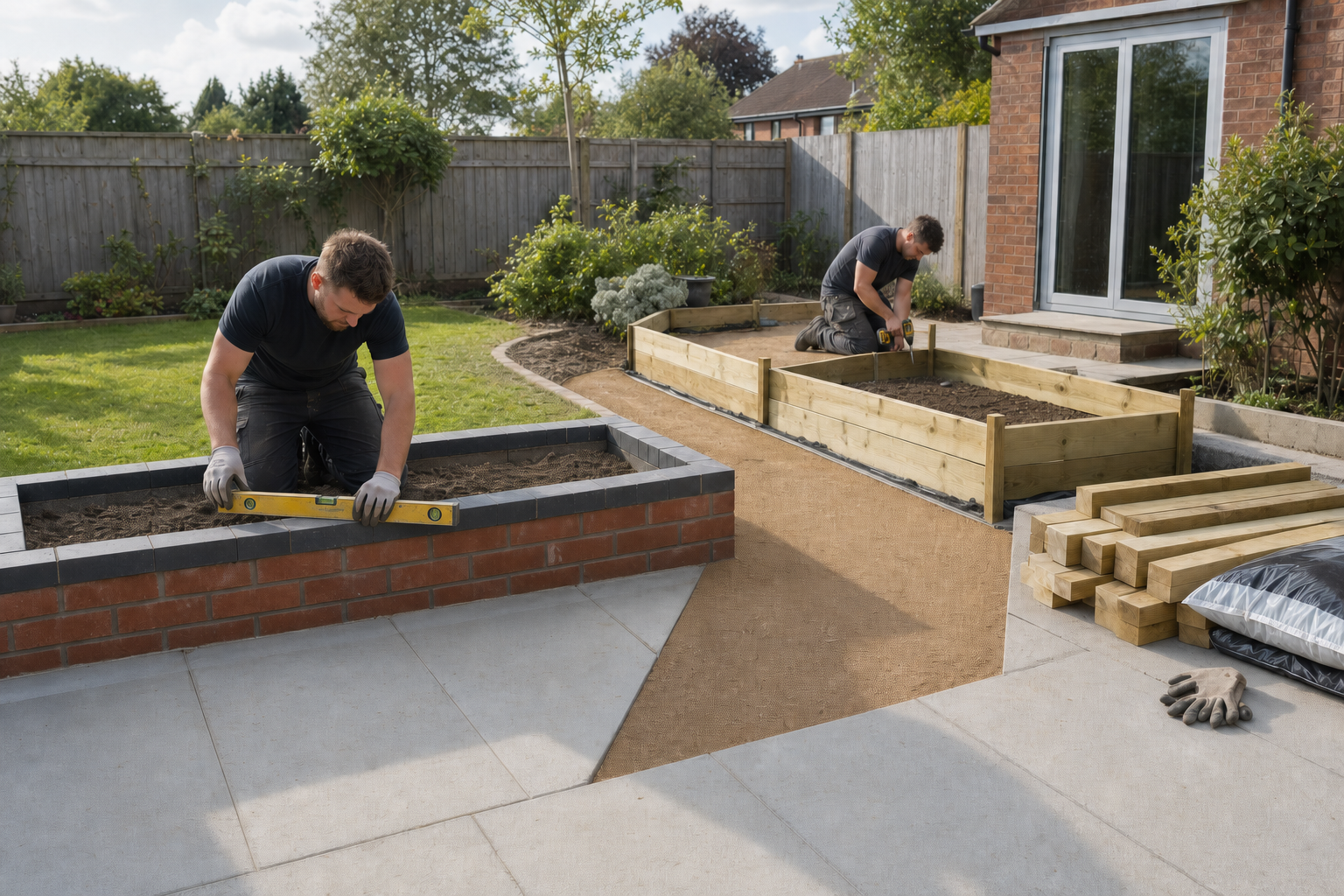 Two men work on constructing raised garden beds in a backyard setting with tools and materials.