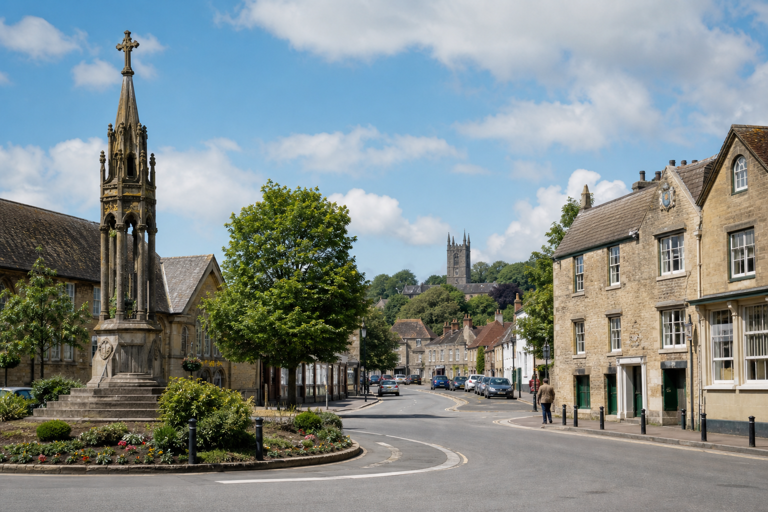 A quaint English village scene with a historic monument, stone buildings, and a church in the background under a blue sky.
