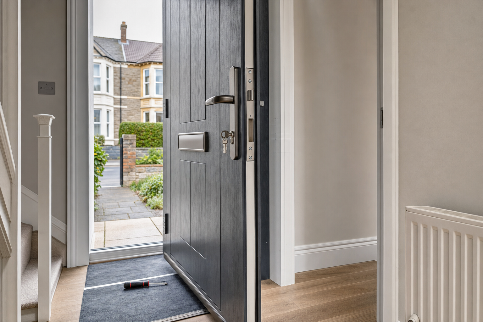 Open front door with house key in lock, screwdriver on the floor, and view of a residential street outside.
