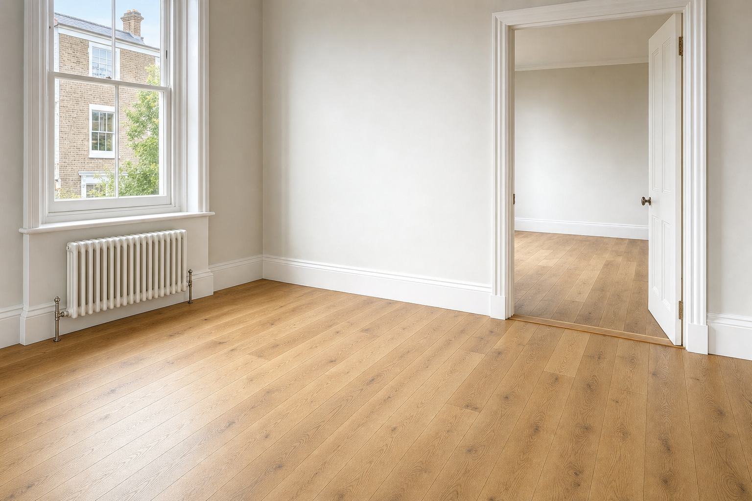 Bright, empty renovated room with neutral painted walls and detailed white skirting boards