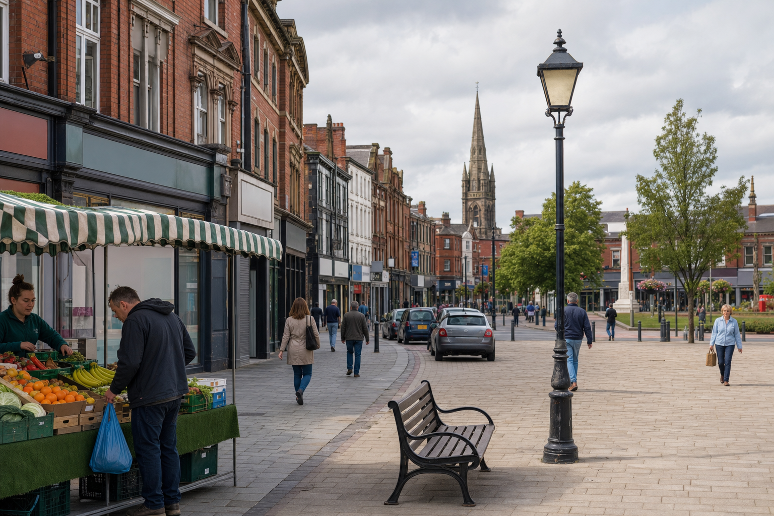 A man buys fruit from a market stall on a street lined with historic buildings and a distant church spire.