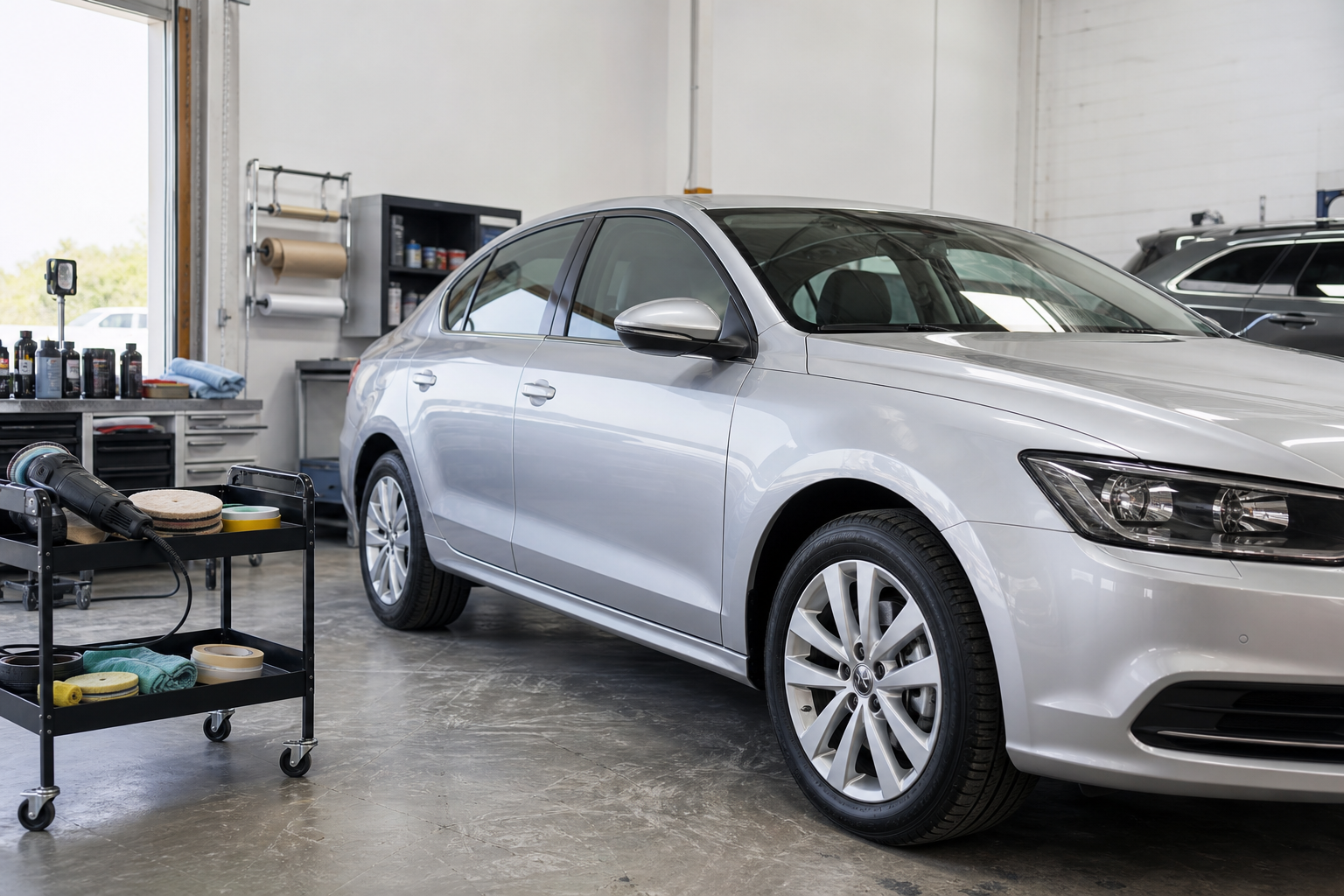 Silver sedan in a garage with a detailing cart and equipment nearby.