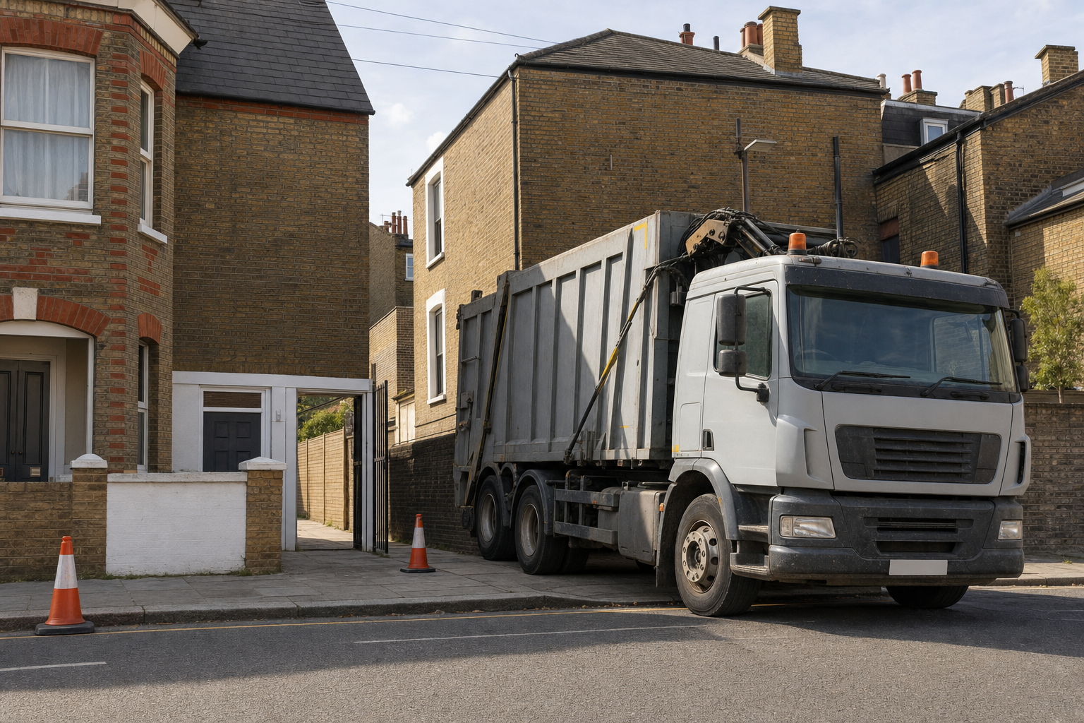 A large lorry parked on a residential street beside a traditional brick terraced house.