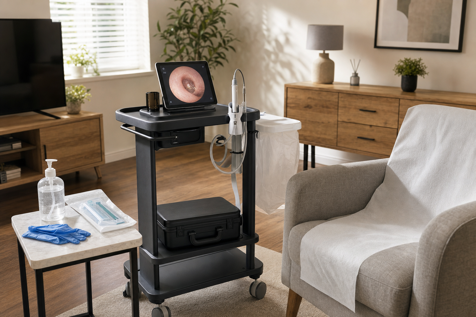A well-furnished medical room setup with a cart featuring ear examination equipment and a digital display.