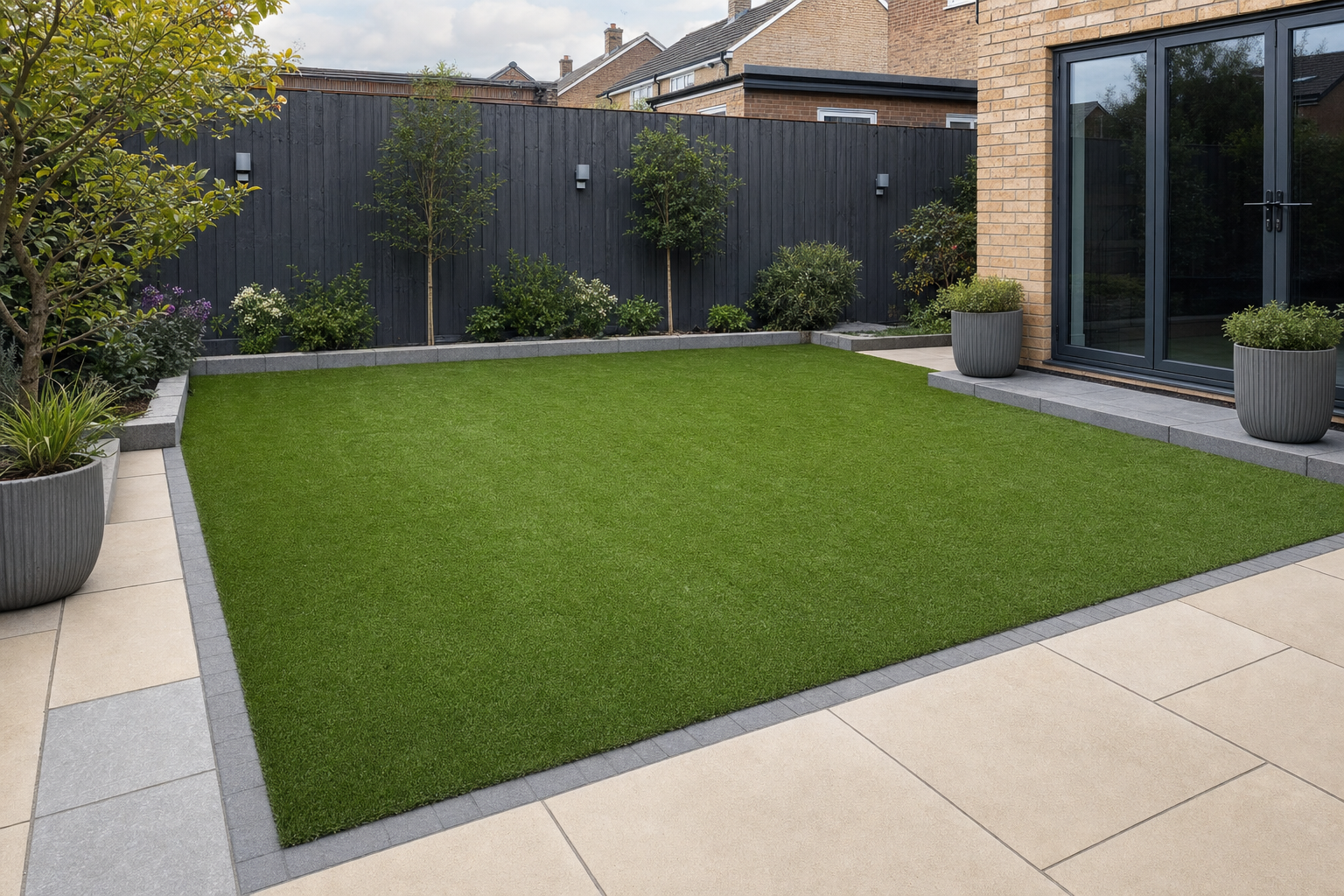 Modern garden with artificial grass, large patio tiles, and potted plants beside a sliding glass door.