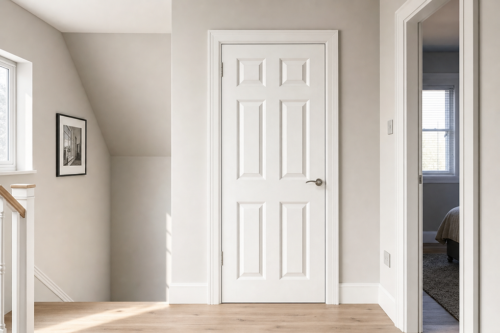 A white interior hallway with a closed door, open door to a bedroom, and a framed photograph on the left wall.