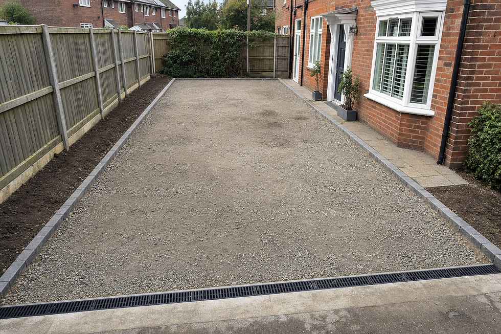 A newly prepared gravel driveway bordered by a wooden fence and a red brick house with white-framed windows.