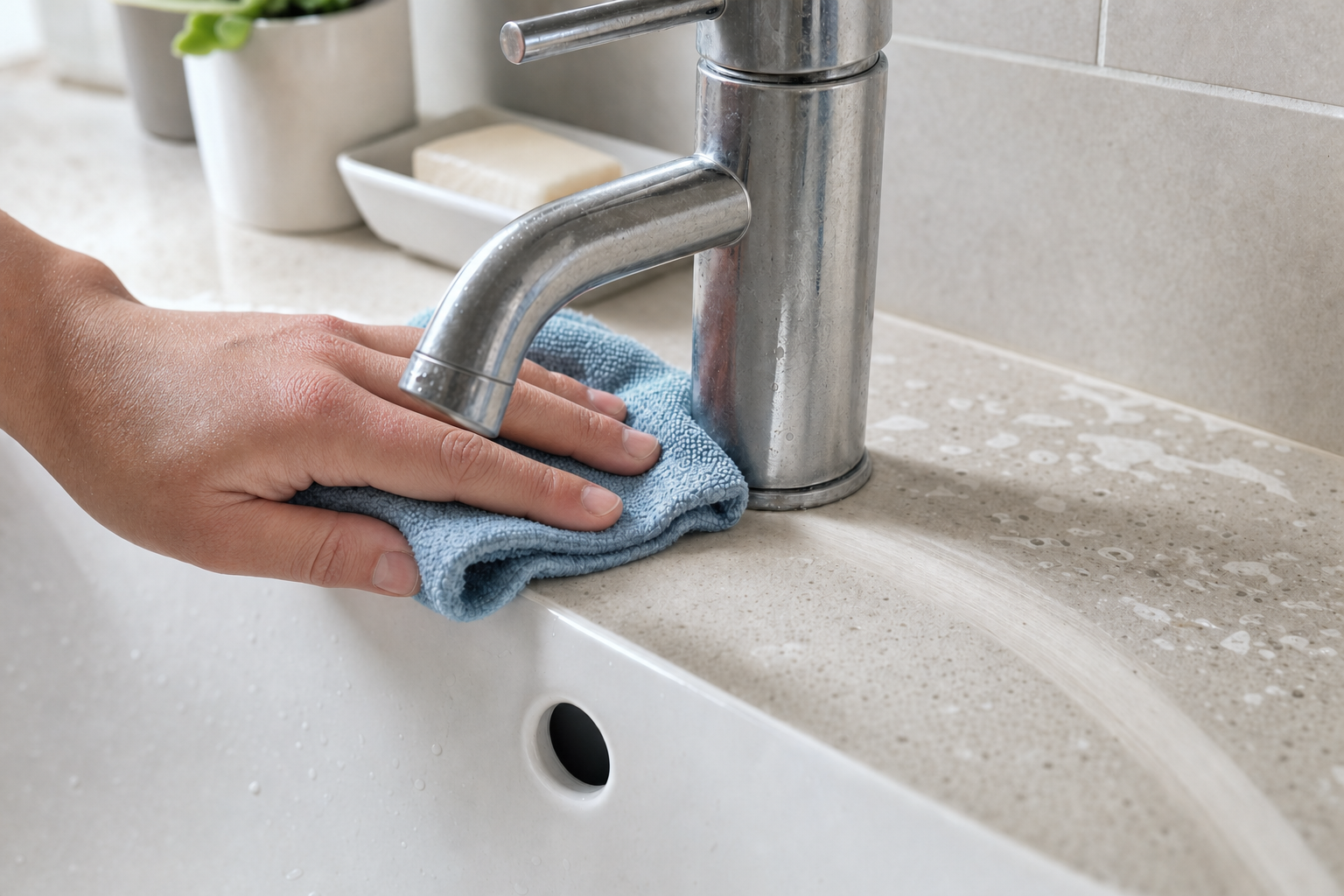 A hand wipes a bathroom sink and chrome tap with a blue cloth, surrounded by cleaning products.