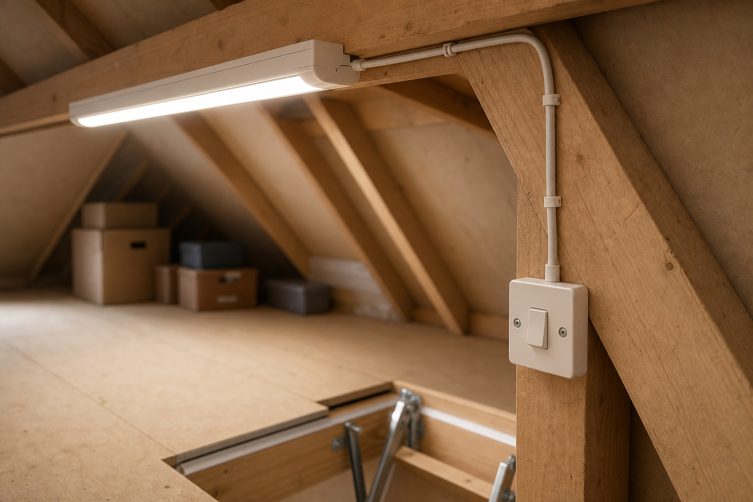 A dimly lit attic with exposed wooden beams and a light switch, featuring stacked storage boxes.