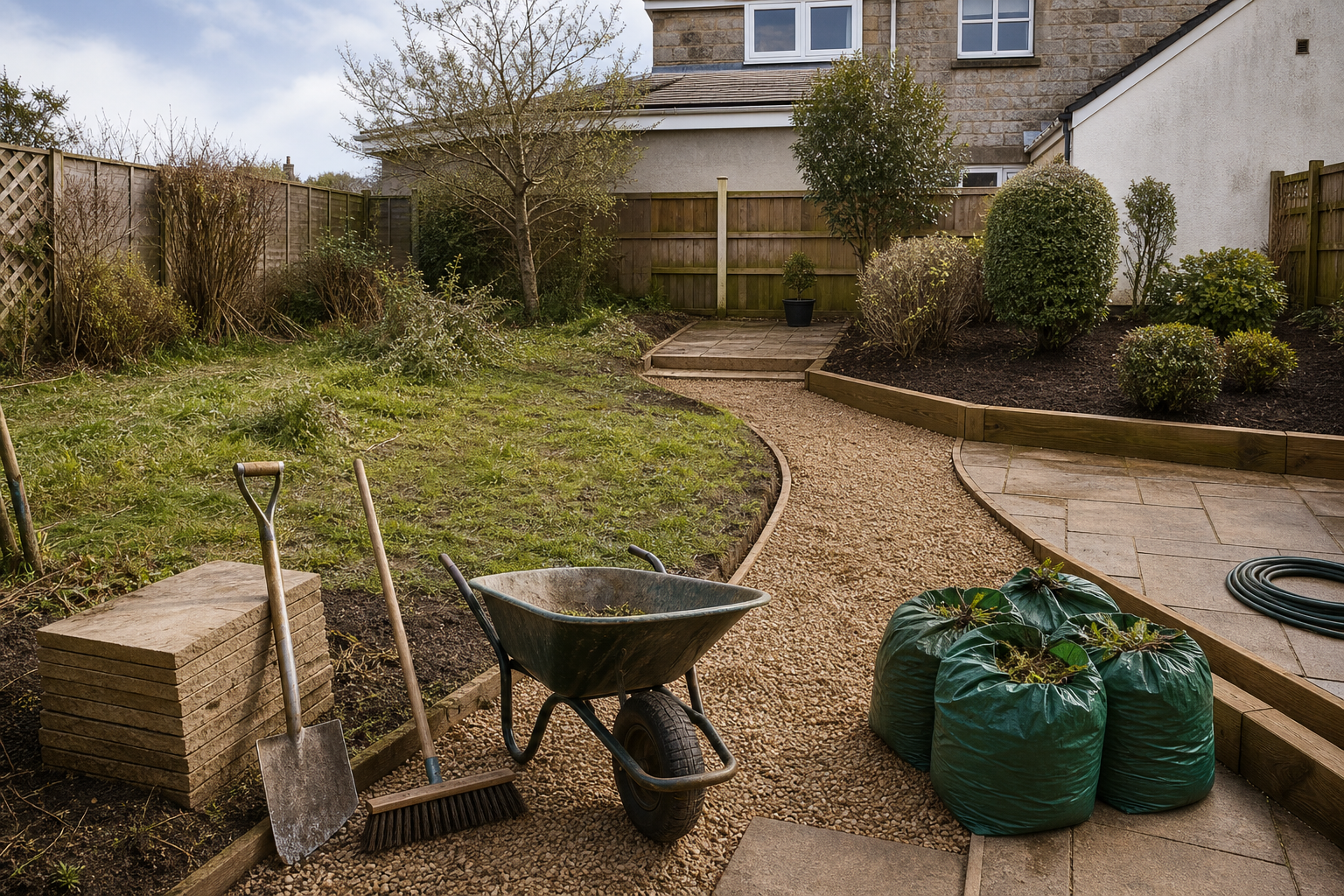 Garden with tools, wheelbarrow, and plant bags on a gravel path next to trimmed bushes and a house.