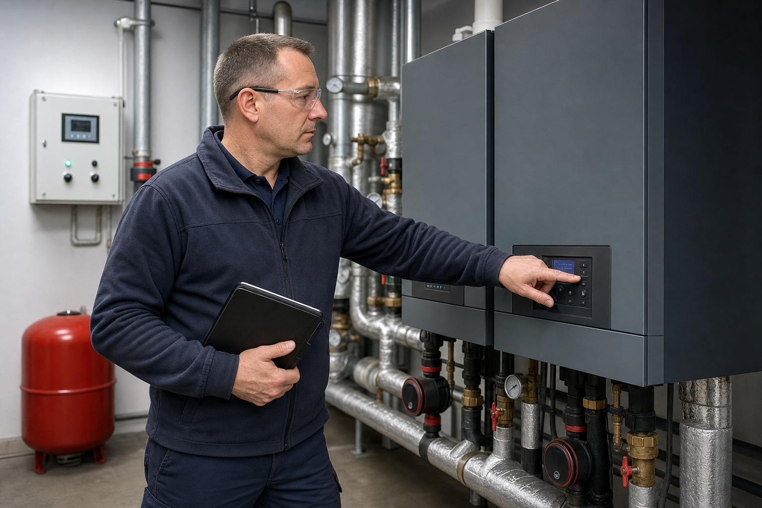 Engineer adjusting settings on a heating system control panel in an industrial boiler room.