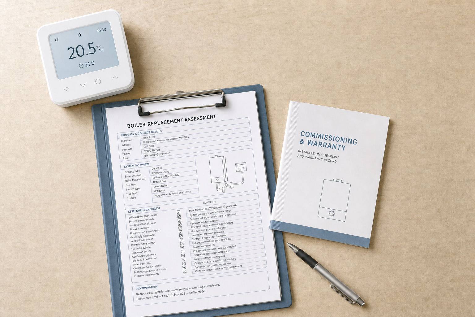 Thermostat, boiler replacement assessment on clipboard, commissioning booklet, and pen on a desk.