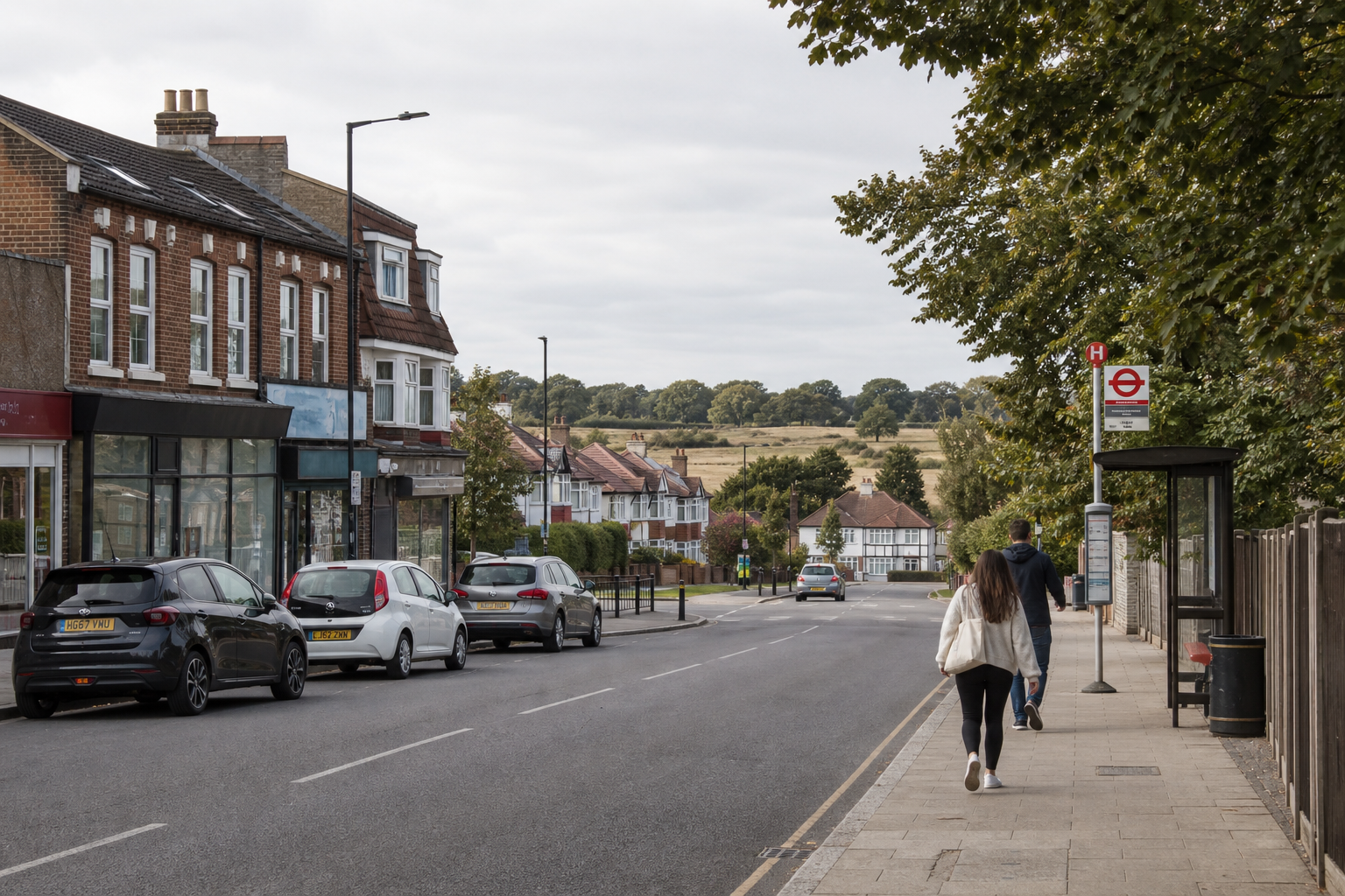 Street with parked cars, a bus stop, and pedestrians, leading to a residential area with trees in the background.