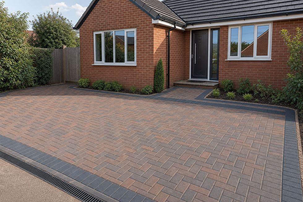 Brick house with neatly arranged block-paved driveway and small garden plants near the entrance.