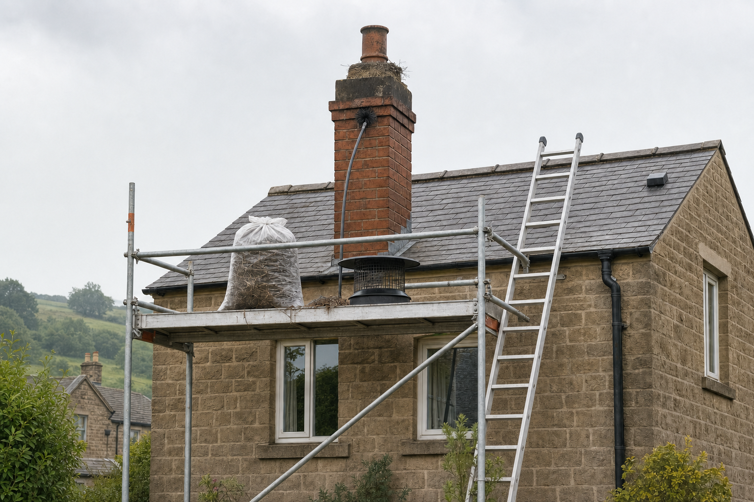 Scaffolding and a ladder are set up against a small house with a chimney being repaired.