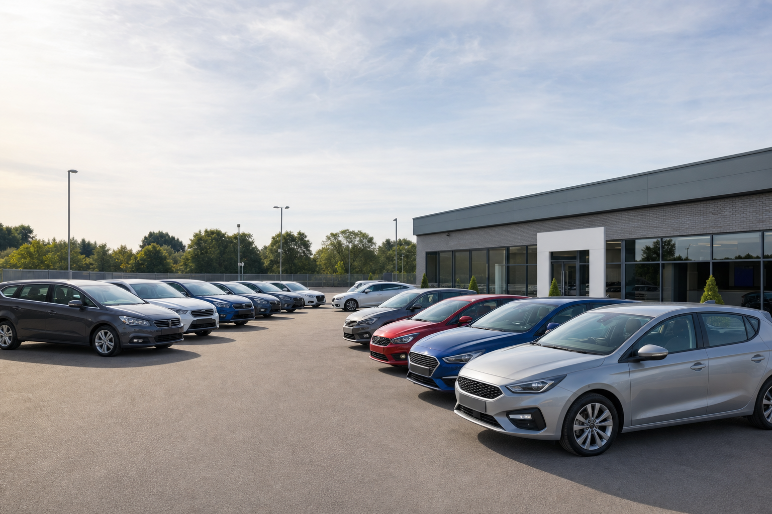 Cars neatly lined up in the forecourt of a dealership on a clear day.