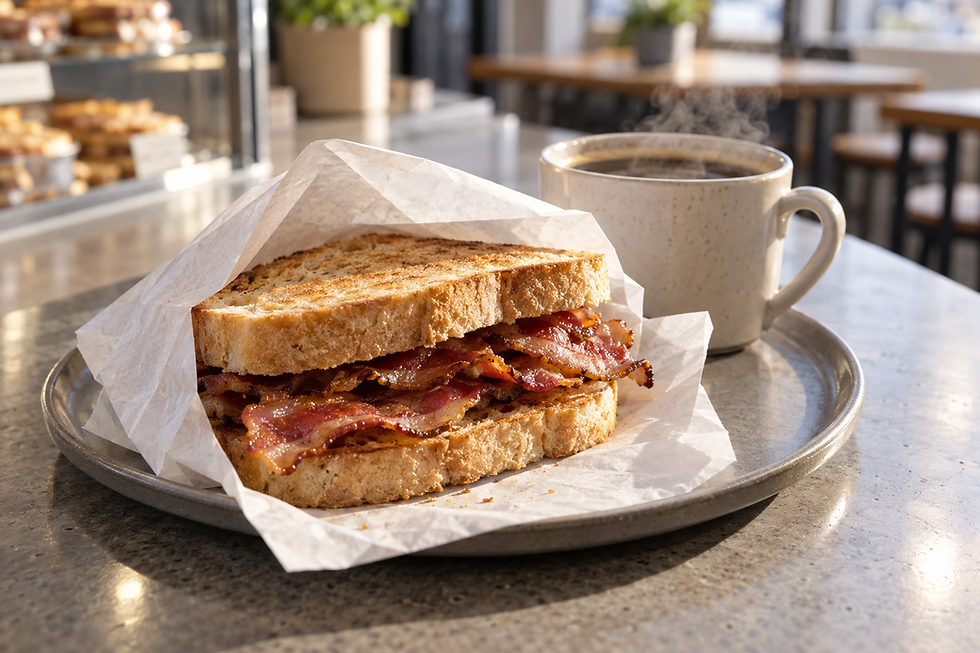 Bacon sandwich wrapped in paper on a plate with a steaming cup of coffee in a cosy café setting.