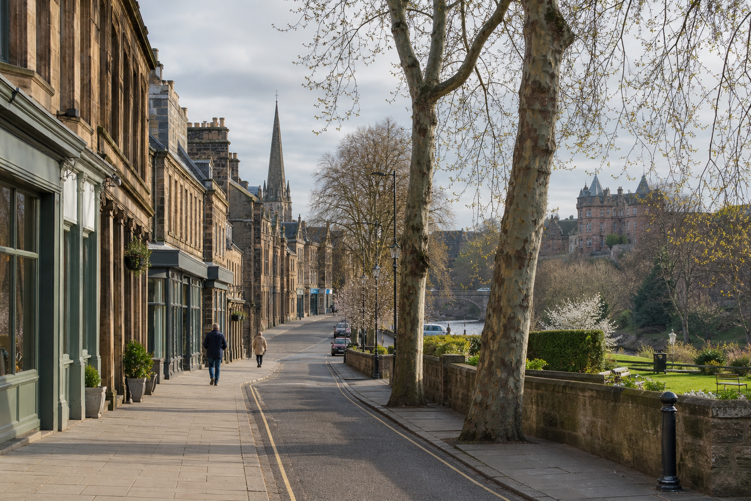 A picturesque street with historic stone buildings, trees, and a distant castle under a cloudy sky.