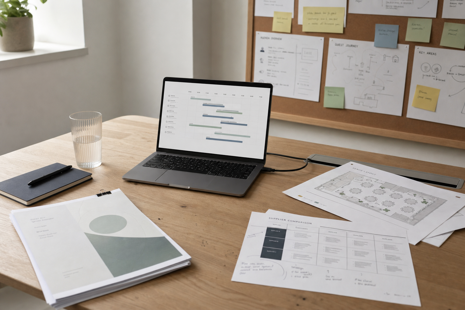 Laptop displaying a Gantt chart on a wooden desk surrounded by documents, a notebook, and a glass of water.