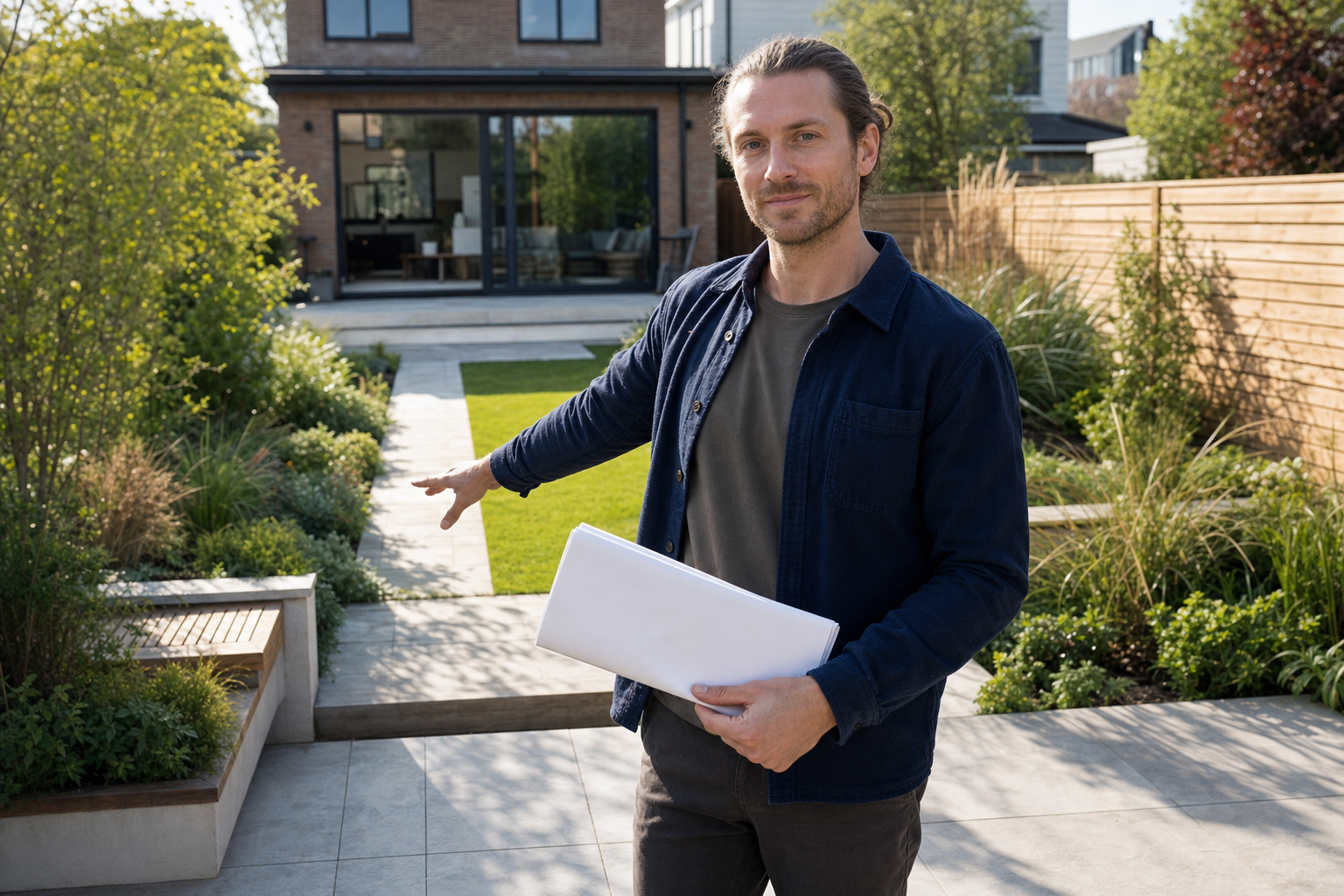 Man holding papers gestures towards a landscaped garden with a modern house in the background.