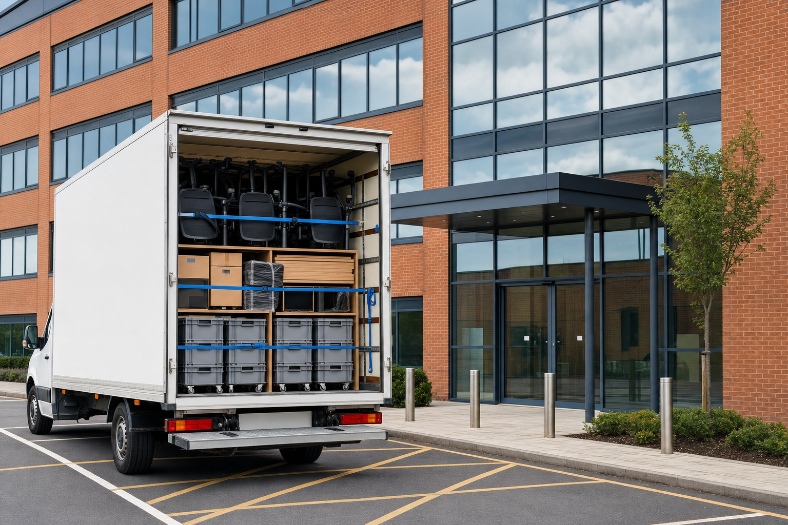A delivery van with an open back is parked outside a modern office building, revealing its load of office furniture and boxes.