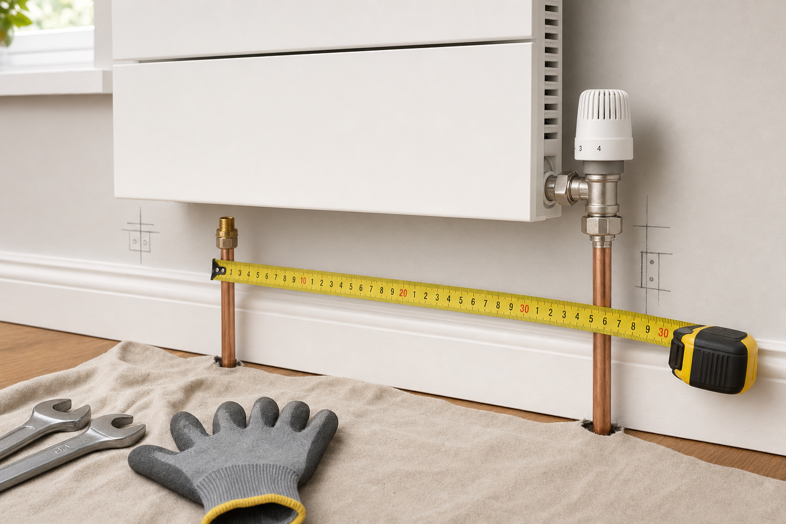 A radiator pipe is being measured with a tape measure, surrounded by wrenches and a glove on a mat.