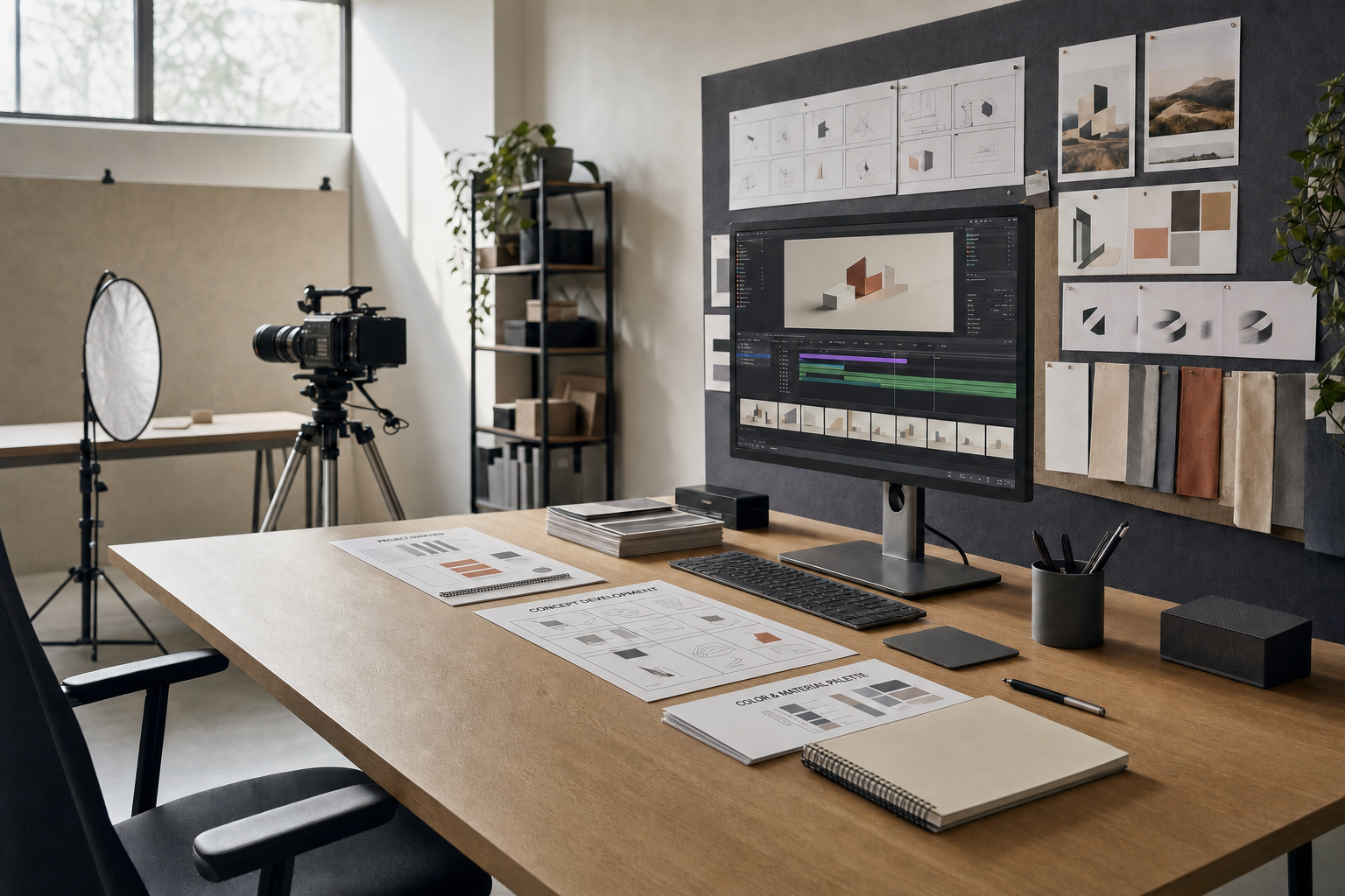 Modern office workspace with design materials, a computer displaying a creative project, and a camera setup in the background.