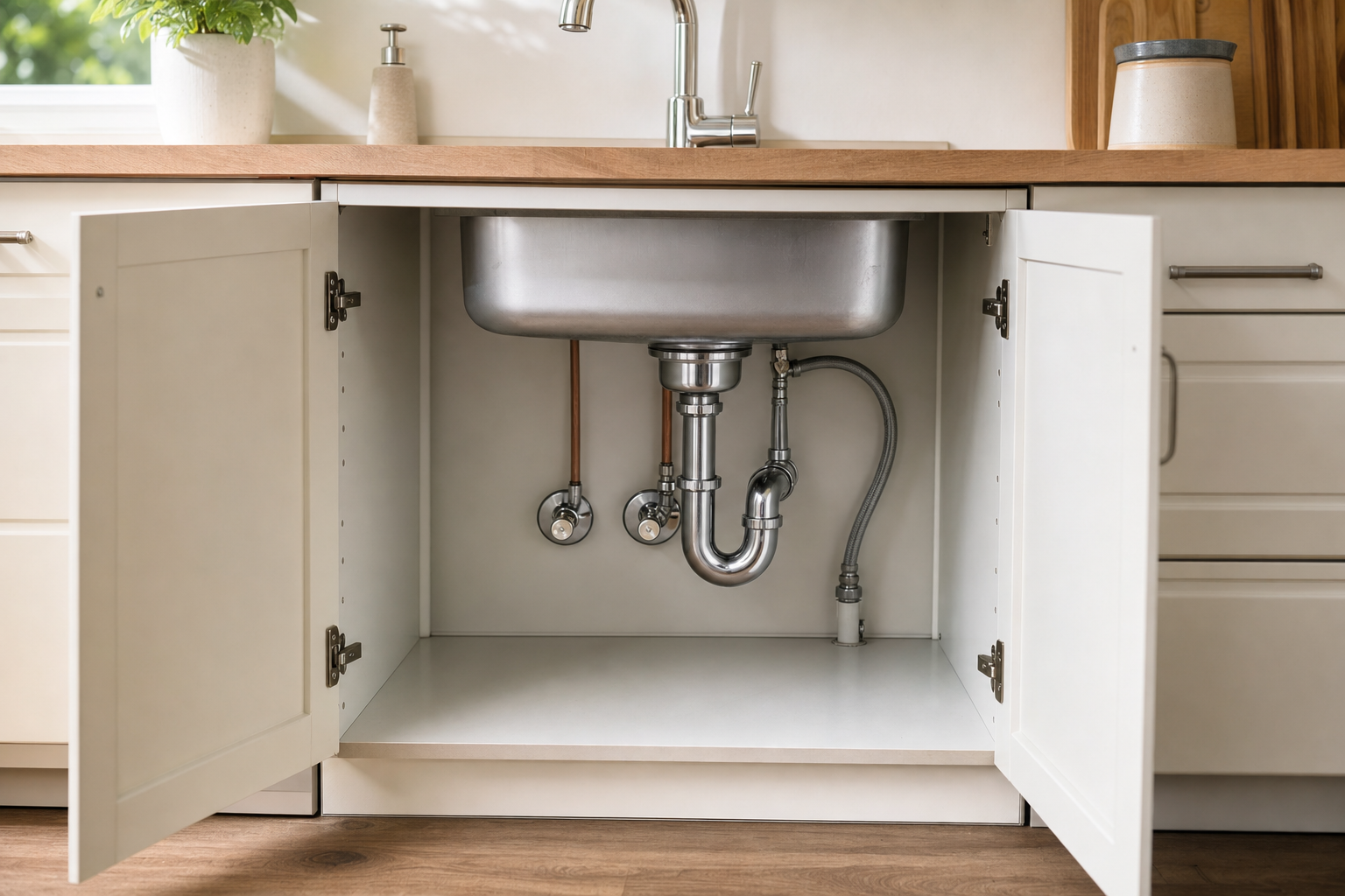 Open kitchen cupboard revealing plumbing under a stainless steel sink.