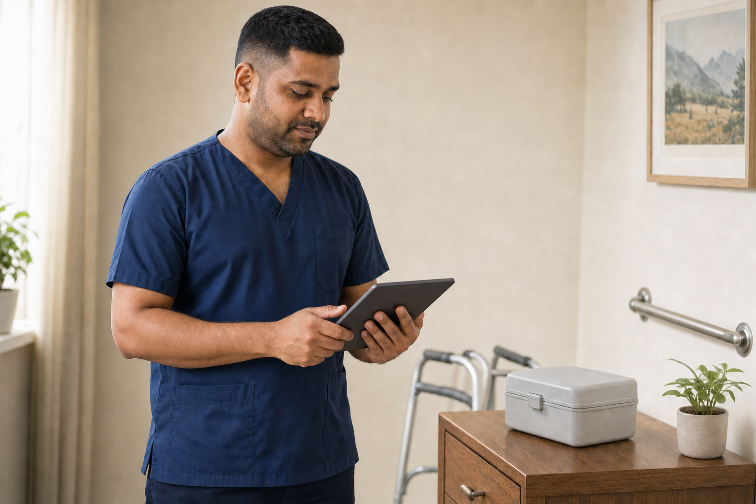 A healthcare professional in blue scrubs uses a tablet in a room with a walker and a decorative plant.