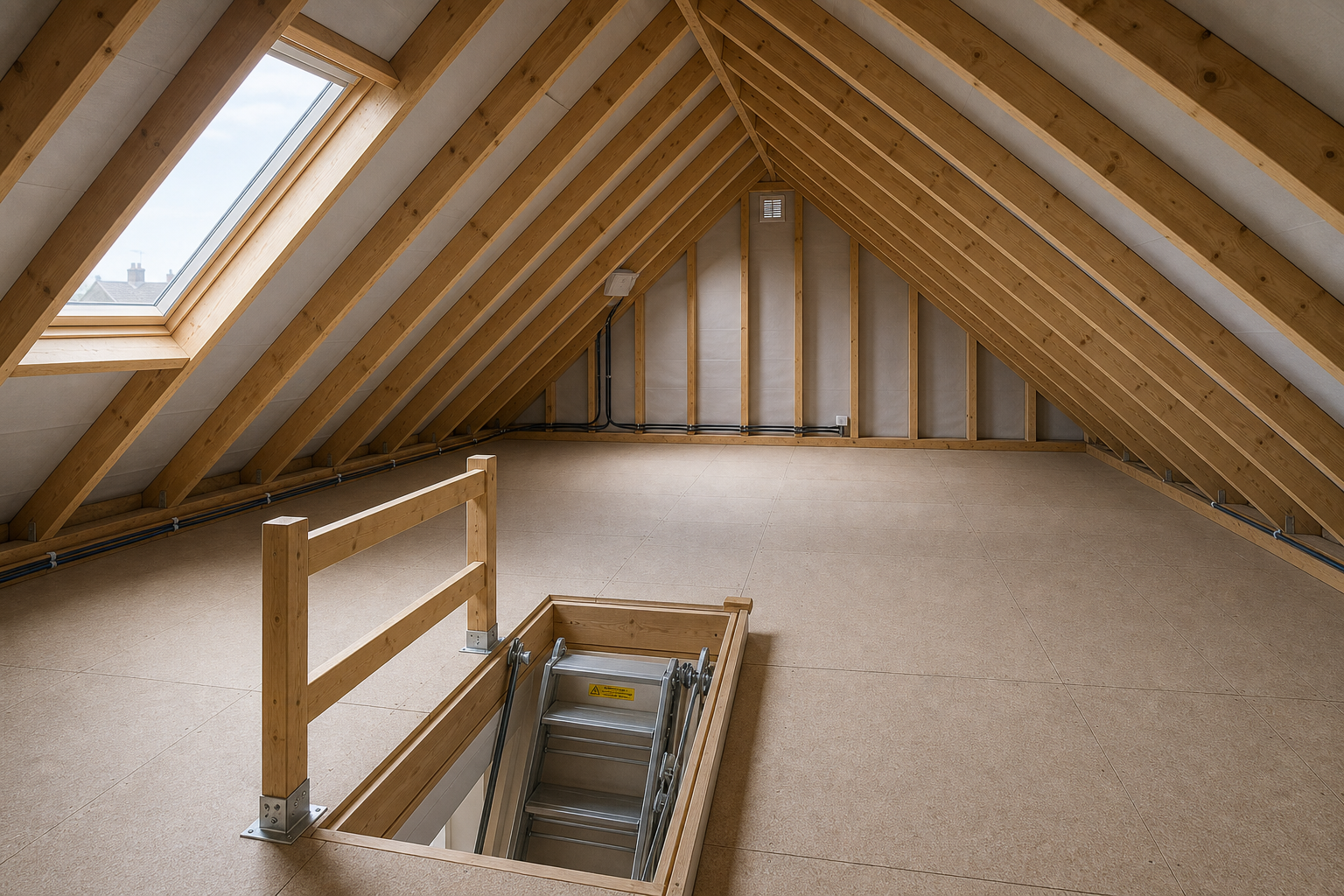 Spacious attic with wooden beams, a skylight, and an open hatch with a folding ladder.
