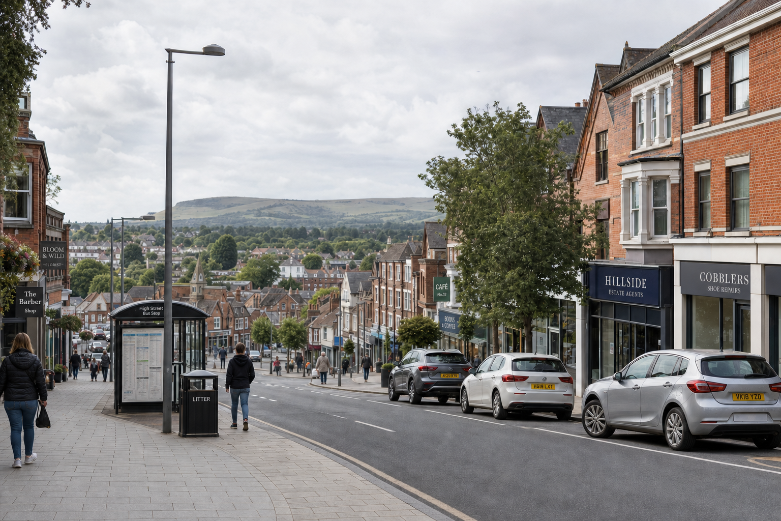 A busy high street with pedestrians, parked cars, and shops, leading to a view of distant green hills under a cloudy sky.