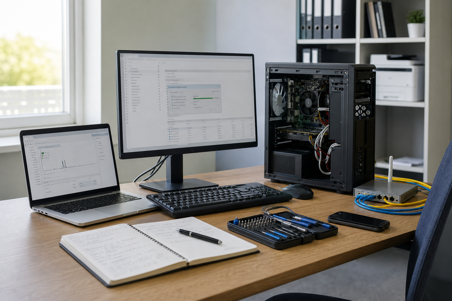 A workspace with a desktop computer, laptop, open notebook, and tools on a wooden desk.