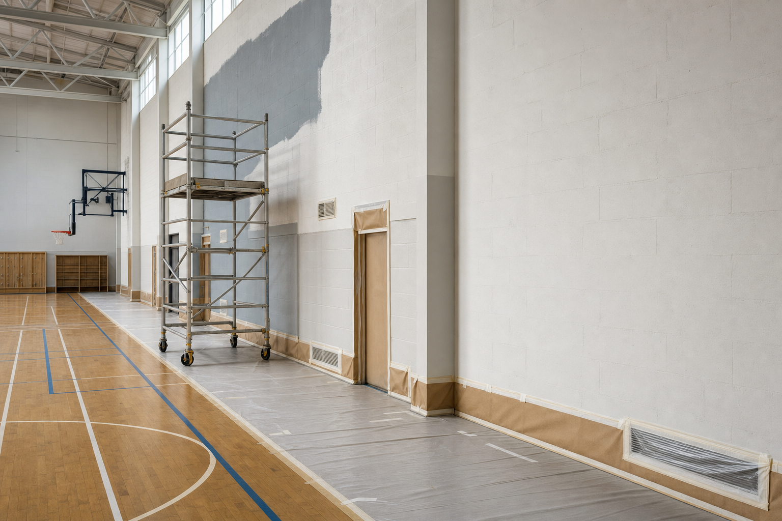 A gymnasium's interior wall being painted with scaffolding set up and floor protected by plastic sheeting.