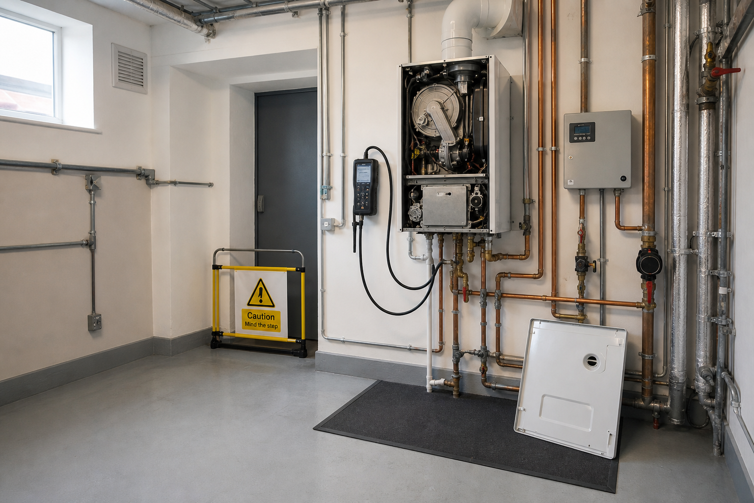 Industrial boiler room with exposed pipes, control panel, and caution sign.