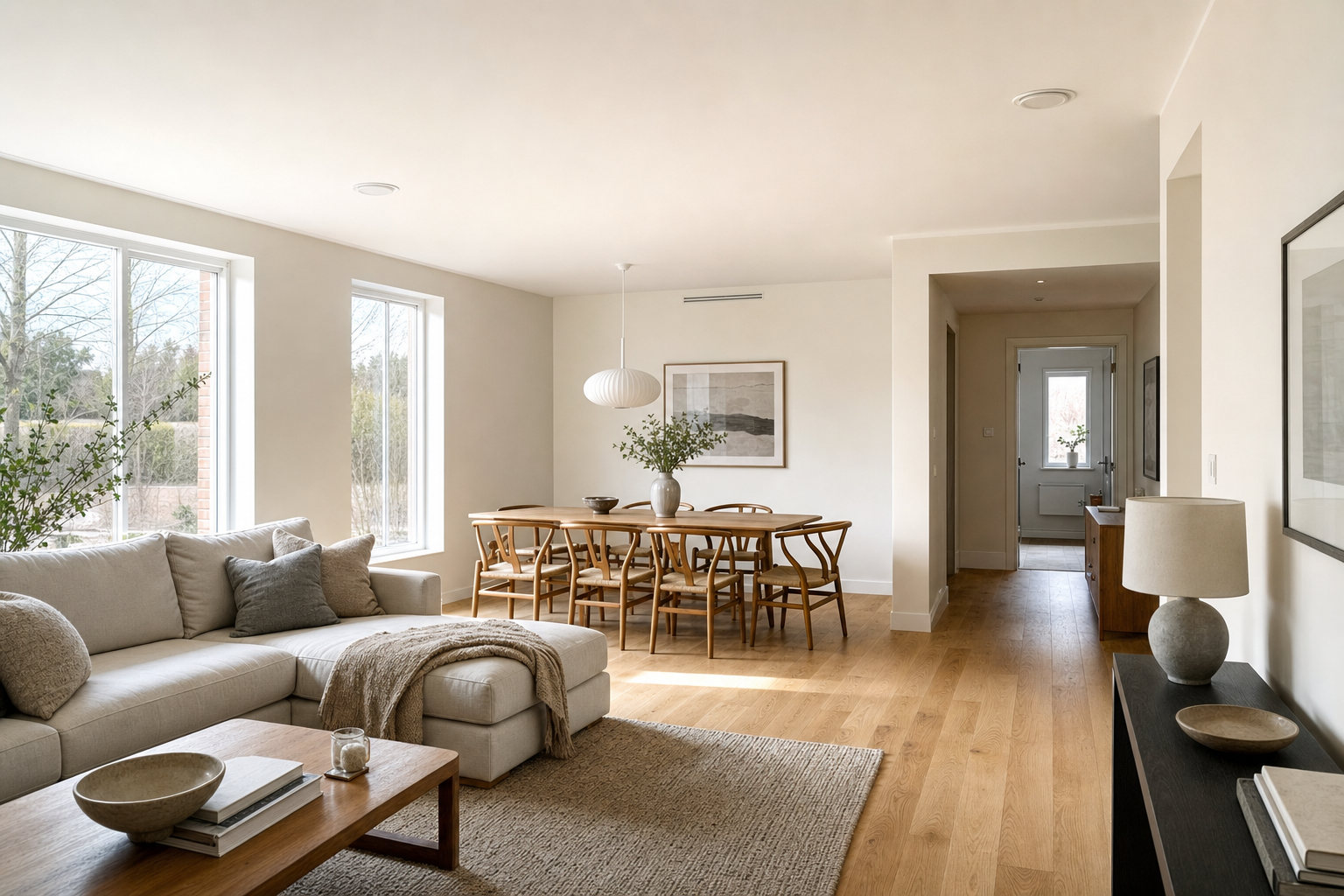 Modern open-plan living and dining area with wooden furniture, sofa, and large windows letting in natural light.