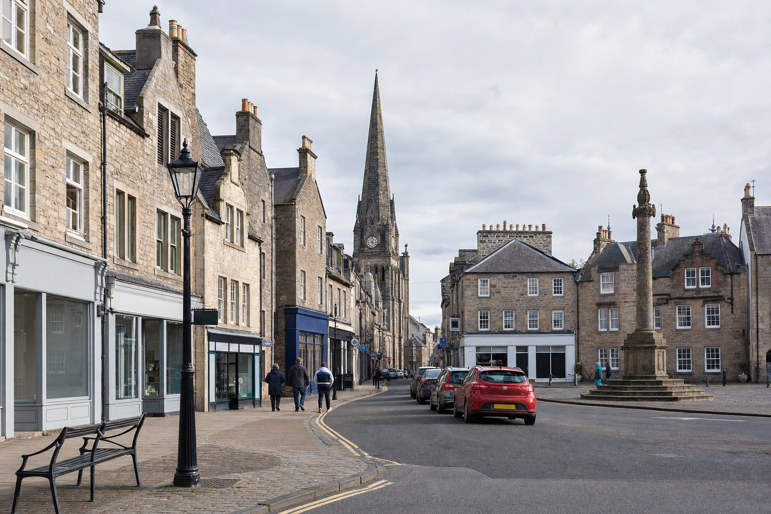 A quaint stone street with historic architecture, including a church spire and market cross, and people walking.