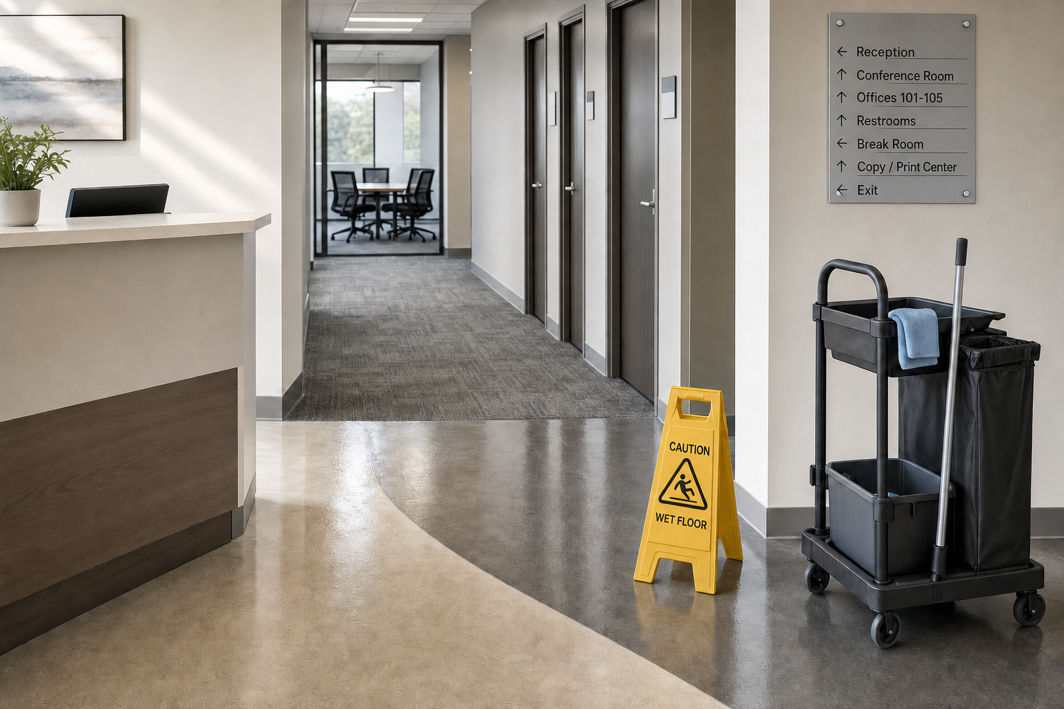 Modern office corridor with janitorial cart and wet floor sign next to an open meeting room.
