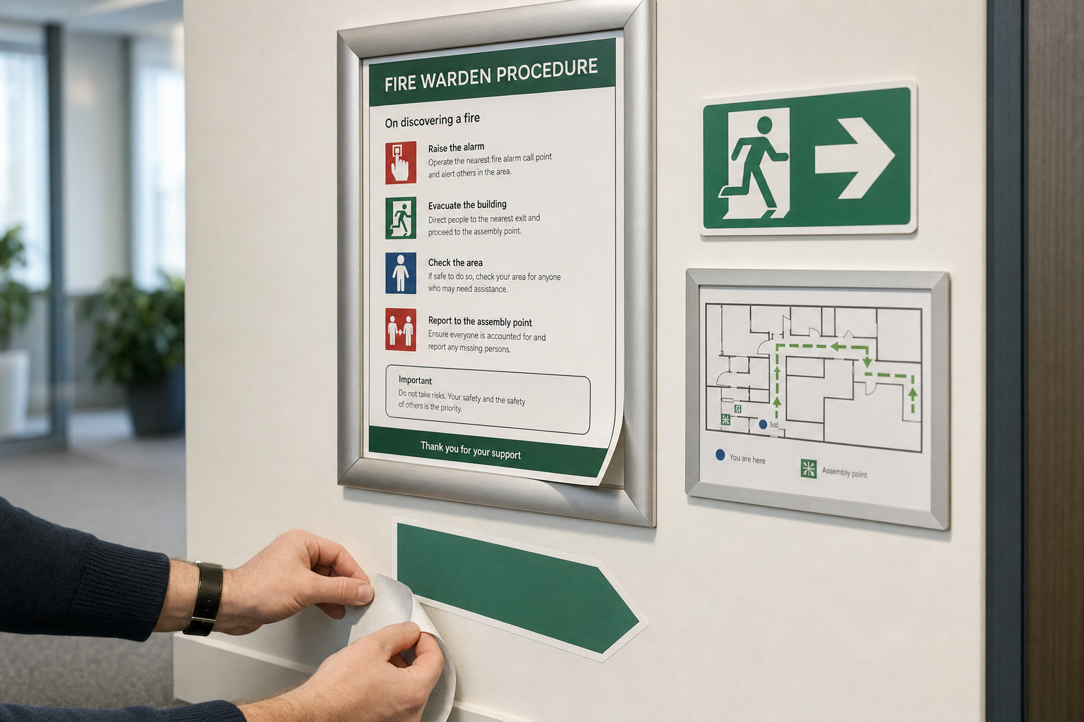A person applies a green directional fire evacuation arrow near a fire warden procedure sign on a wall.