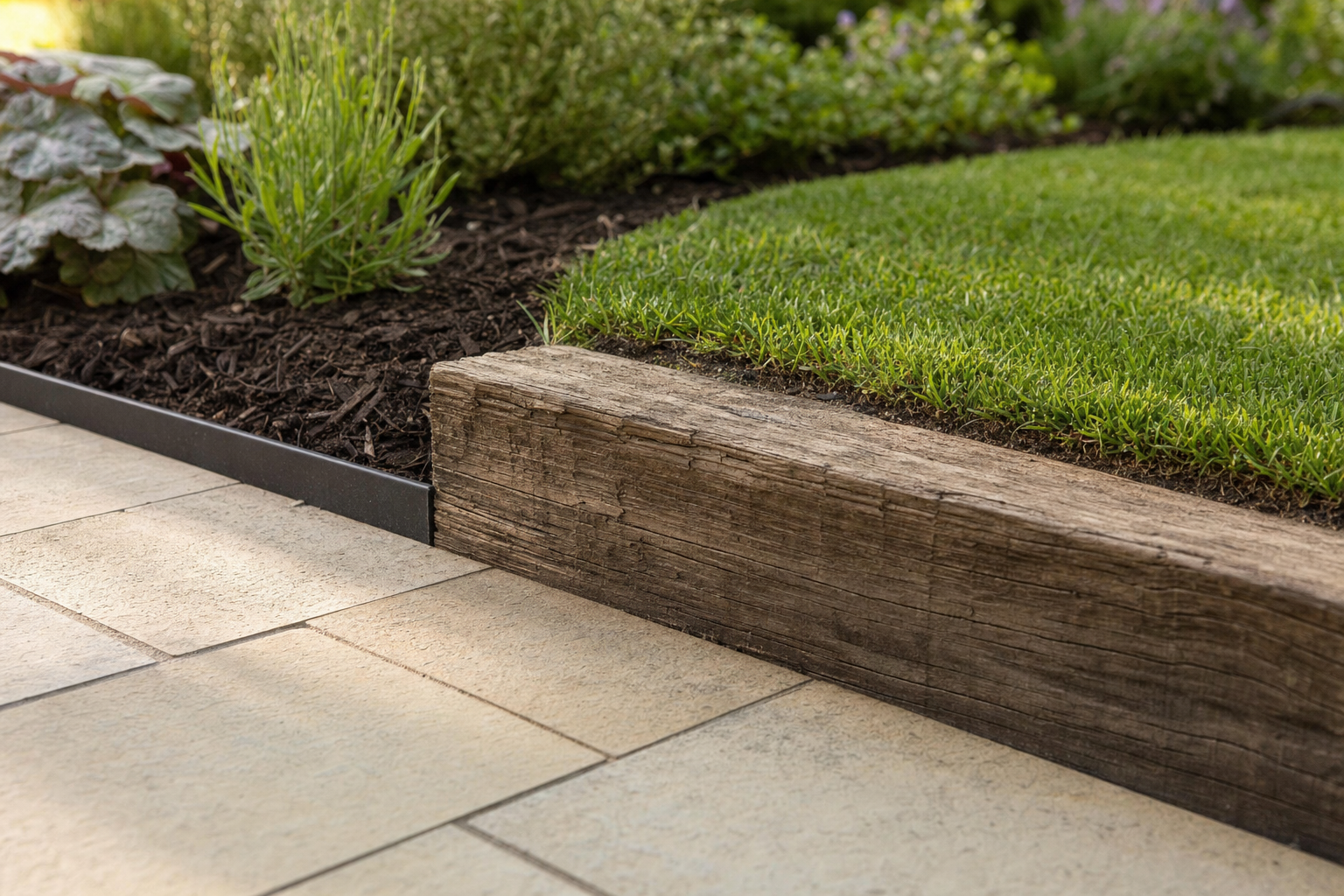 Wooden garden edging separates a lawn from a tiled patio and a planted flowerbed.