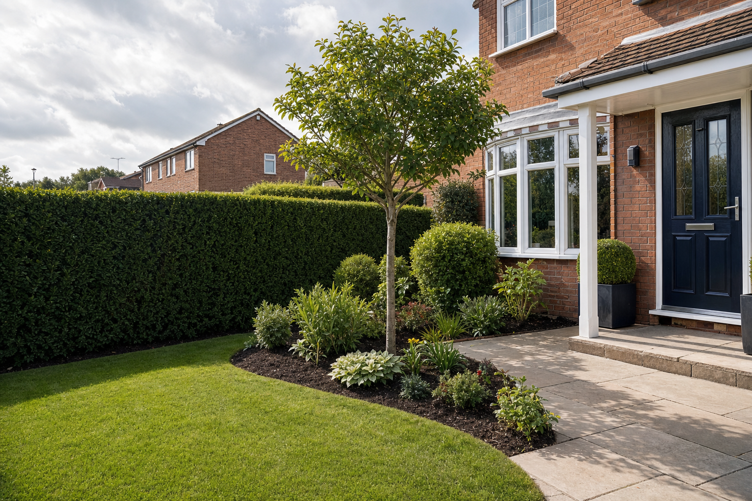 A well-maintained suburban garden with a small tree, shrubs, and a pathway leading to a house's blue front door.