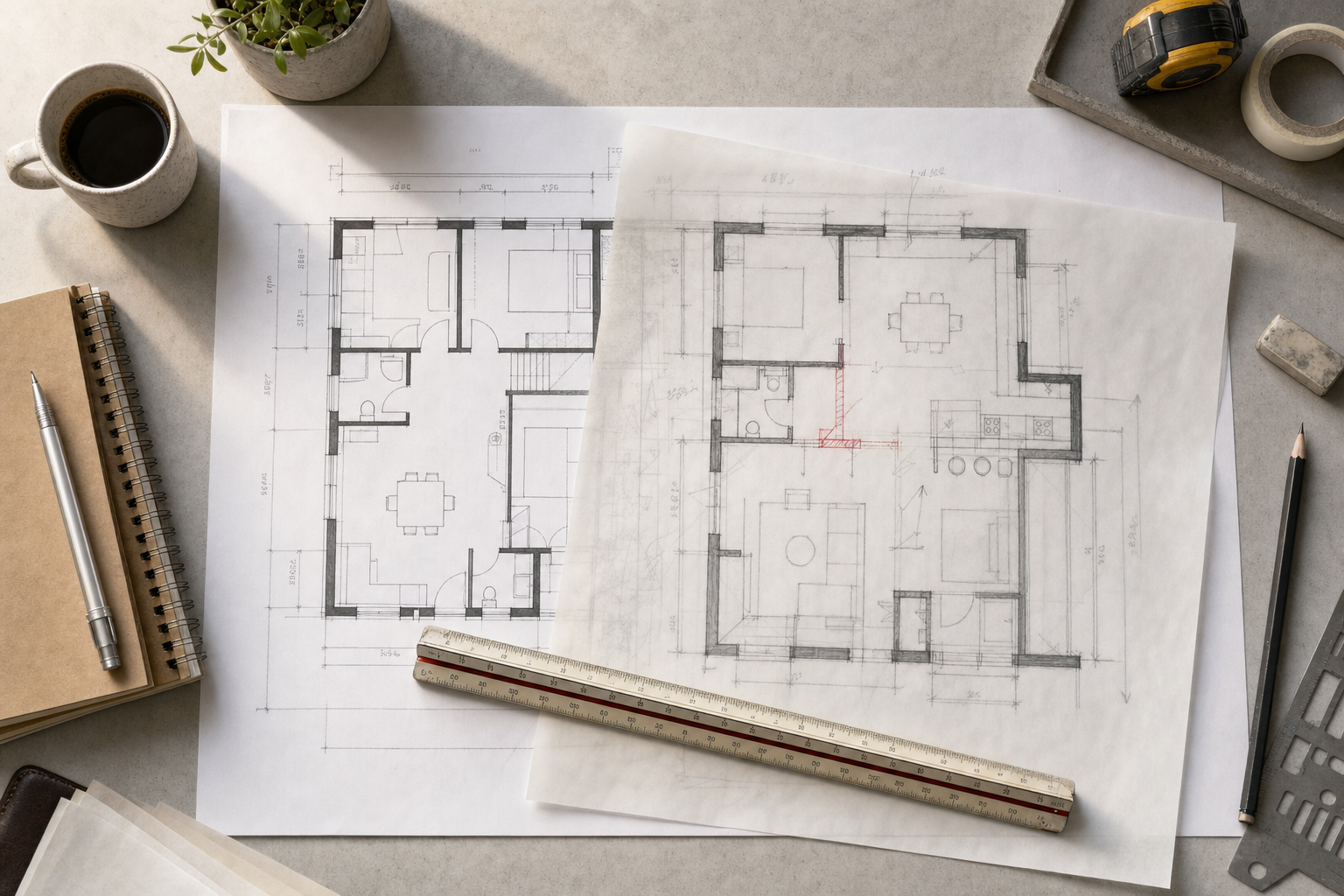 Architectural floor plans on a desk with a notebook, ruler, pencil, and coffee cup.