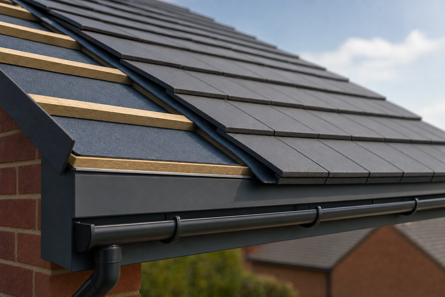 A close-up of a modern roof with grey tiles, wooden battens, and a black guttering system against a blue sky.
