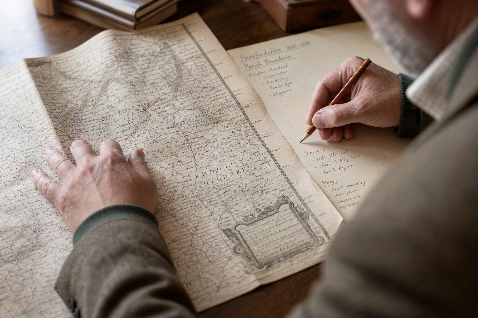 A person examines a vintage map of Herefordshire while taking notes on parish boundaries and historical sources.