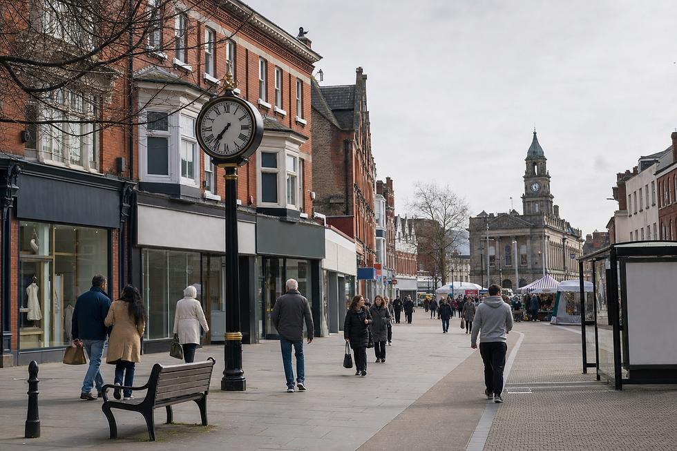 A busy street scene with people walking past shops and a traditional clock, leading towards a large historic building.