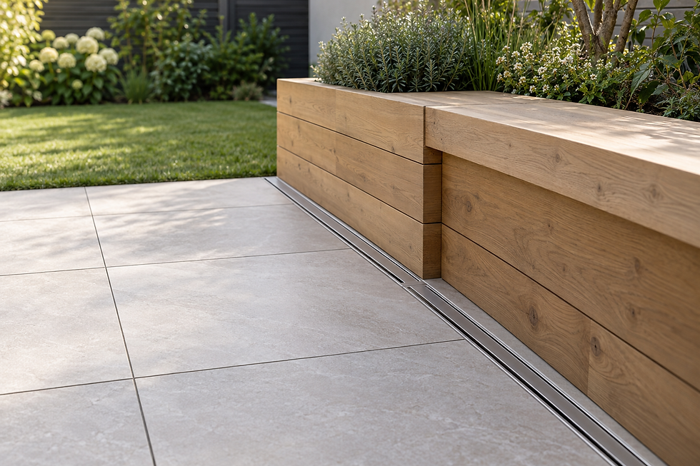 Modern patio with large stone tiles and a wooden bench planter filled with greenery.